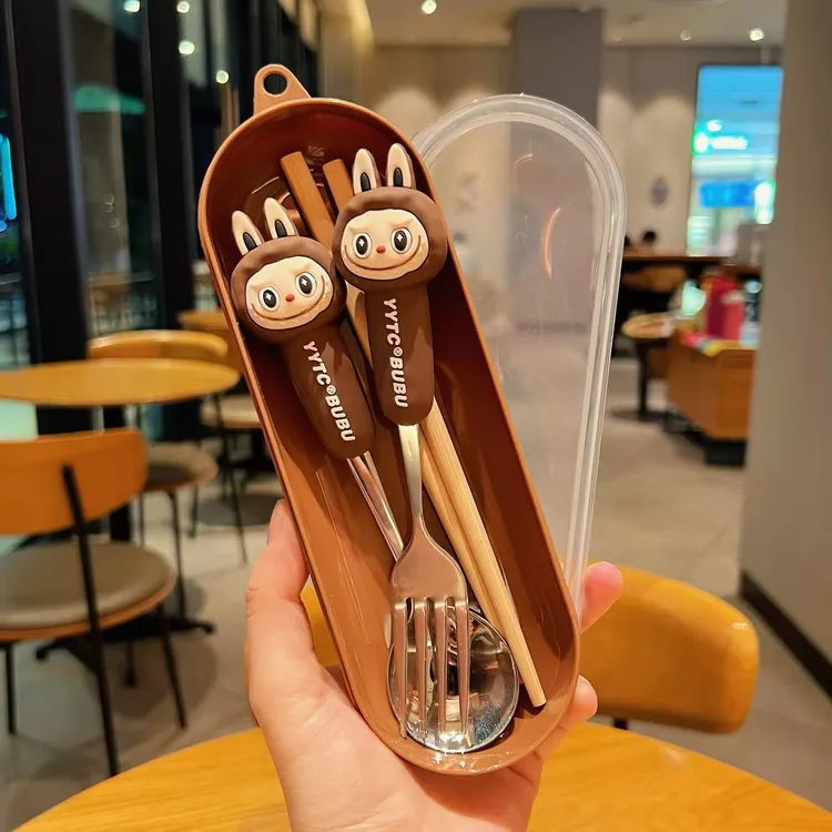 Labubu可爱勺子叉子筷子三件套高颜值卡通学生儿童便捷餐具套装