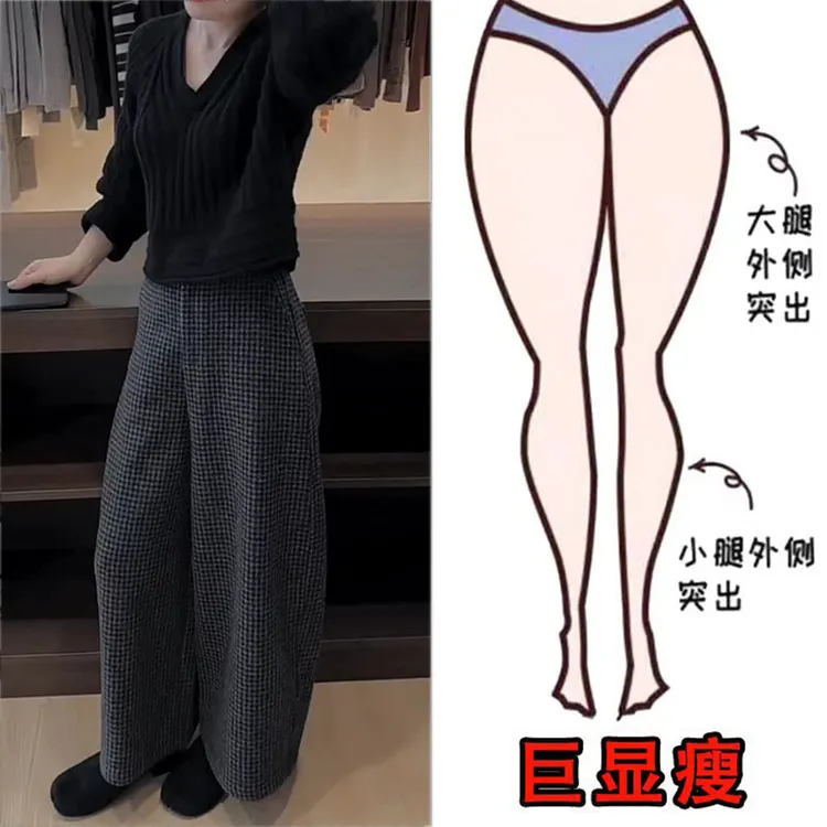2025冬季爆款加绒大码女装宽松毛呢格子裤梨形身材显瘦九分阔腿裤