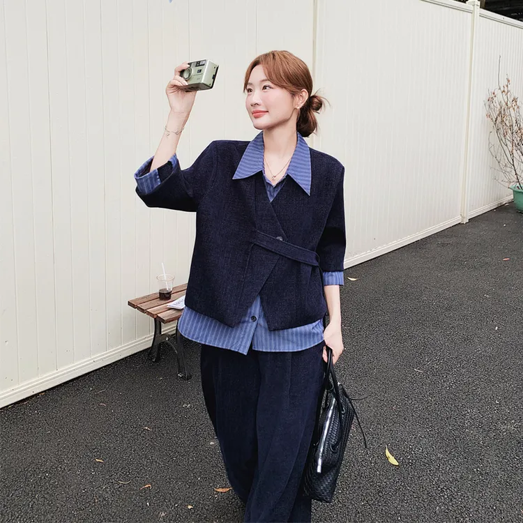 小众韩系风撞色假两件上衣阔腿裤2025秋新款松弛感ins通勤风套装