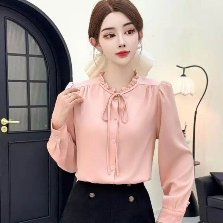 早秋新款女士上衣时尚靓丽洋气显瘦气质减龄木耳领系带长袖衬衫