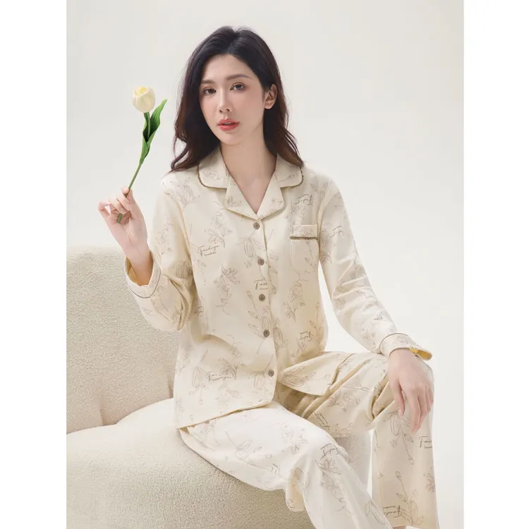 姬玛秋冬款针织女睡衣纯棉开衫翻领舒适长袖家居服套装253288