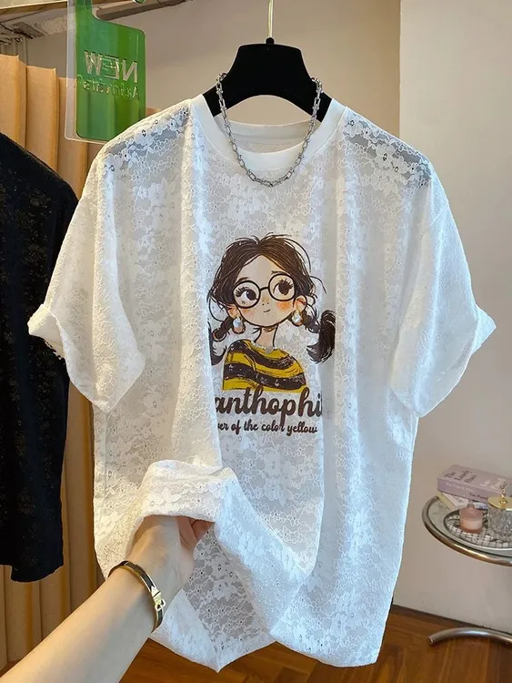 欧货卡通少女印花蕾丝短袖T恤女夏季设计感大码宽松白色微透上衣