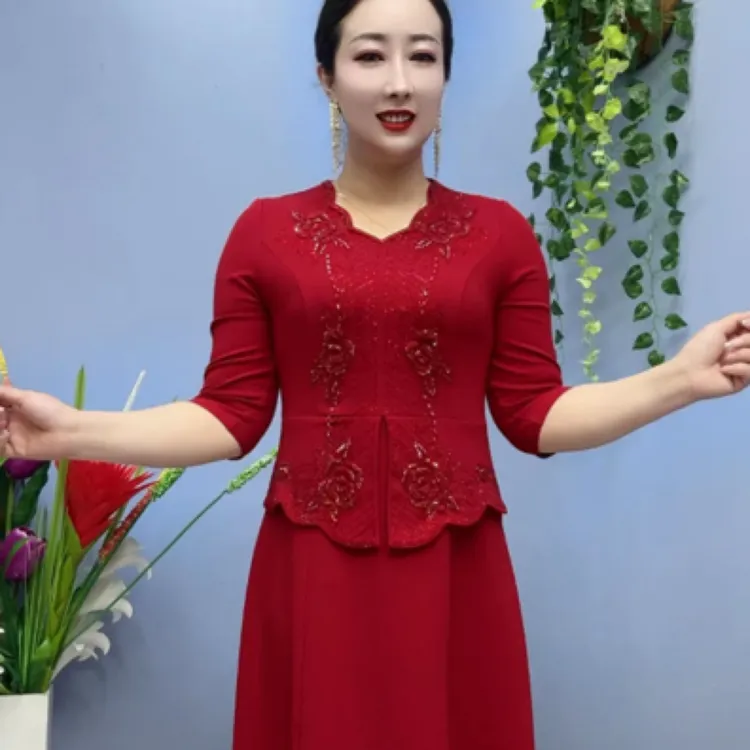 连衣裙喜婆婆时尚洋气长袖气质显瘦红色长款妈妈裙衣长116妈妈装