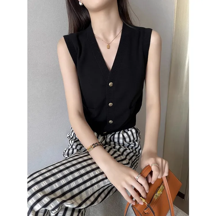 高级感黑色V领无袖针织开衫女夏季金属扣气质修身显瘦百搭上衣薄