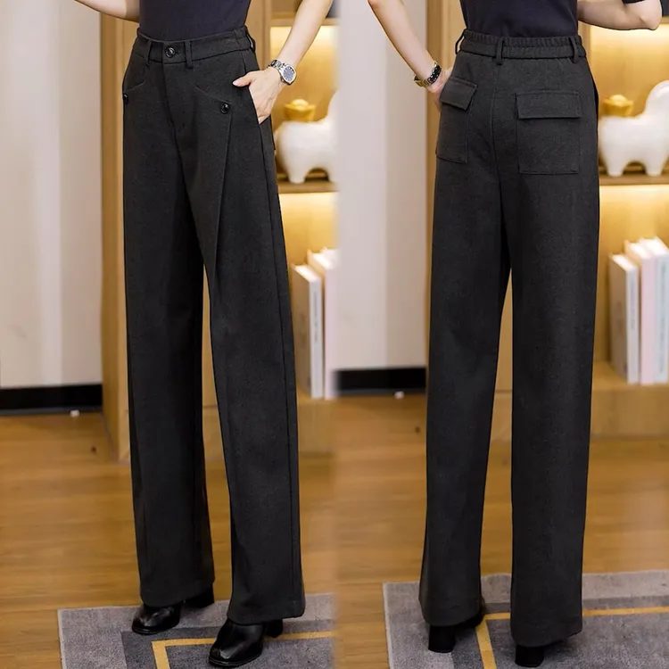 后妈裤弯刀阔腿裤女2025秋冬新款宽松直筒百搭加绒加厚休闲毛呢裤
