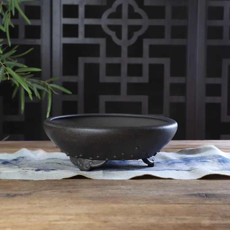 自在屋紫砂花盆精品兰花盆悬崖高桩式盆景盆中国风云足鼓钉窝口盆