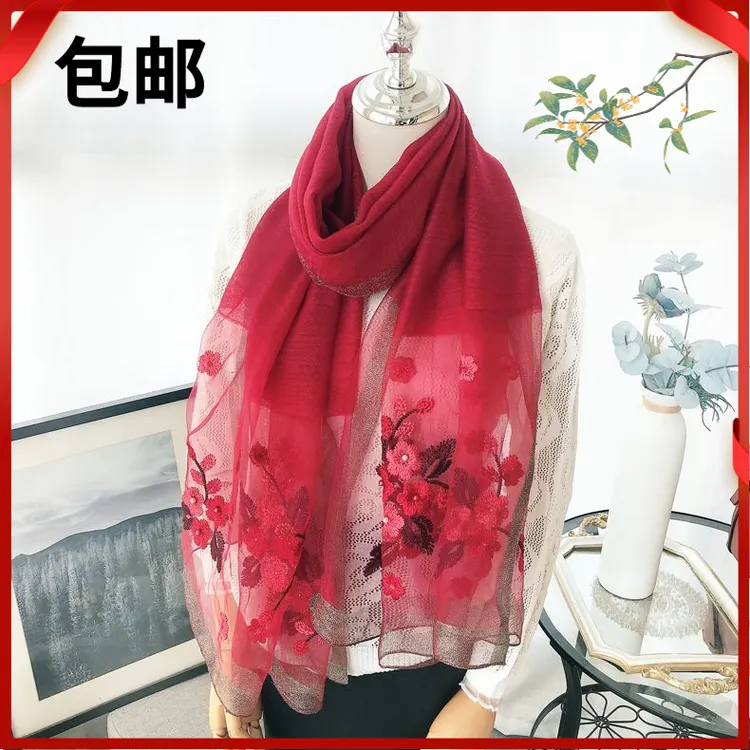 新款刺绣围巾时尚海棠花丝巾女百搭春秋民族披肩丝巾时尚透气韩版