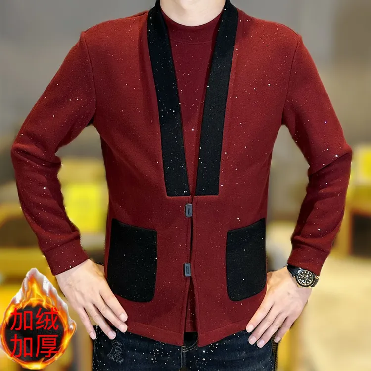 2025秋冬新款男士时尚百搭撞色满天星加绒加厚青果领假两件外套