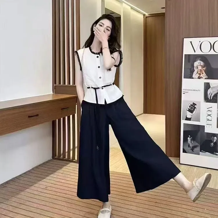 时尚套装女2025夏季新款气质显瘦小个子马甲洋气减龄阔腿裤两件套