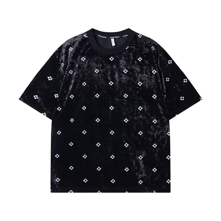 春夏新款时尚个性美式撞色绒面刺绣花朵圆领短袖T恤宽松潮流上衣