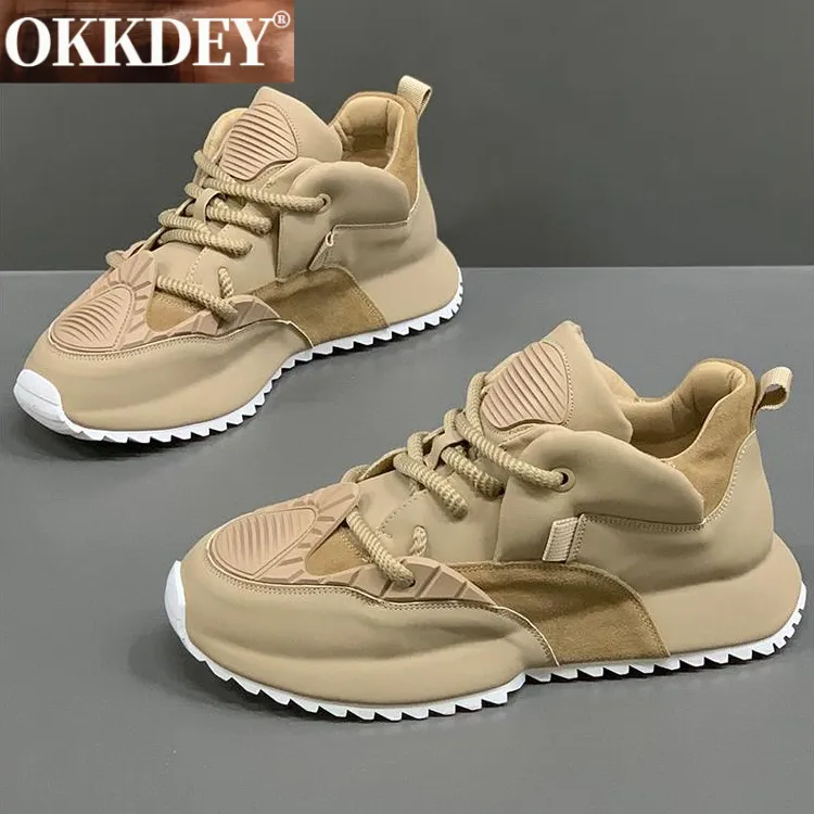 okkdey潮牌慢跑鞋男士内增高运动休闲鞋秋冬真皮老爹鞋