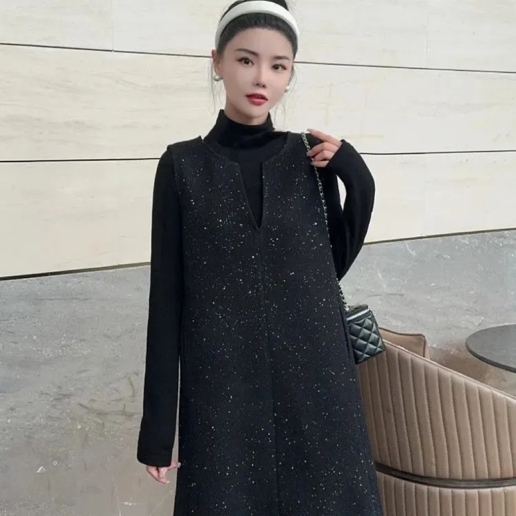 闪耀星空尼设计显瘦小香风无袖气质百搭连衣裙（送打底衫）