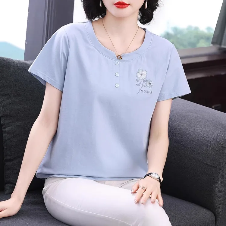 中年妈妈绣花纯棉短袖T恤女士夏天小衫洋气减龄圆领百搭休闲上衣