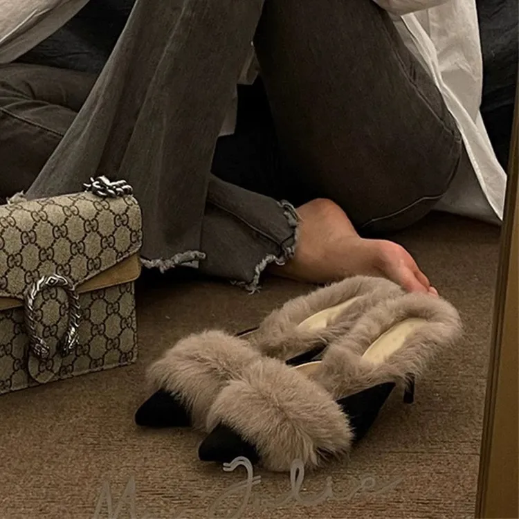 穆勒鞋秋冬新款毛毛拖女外穿2025法式加绒包头细跟保暖高跟小跟鞋