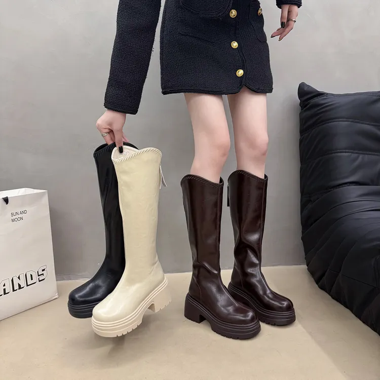 高筒靴2025新款显瘦V口粗跟小个子增高厚底长靴不过膝百搭瘦瘦靴