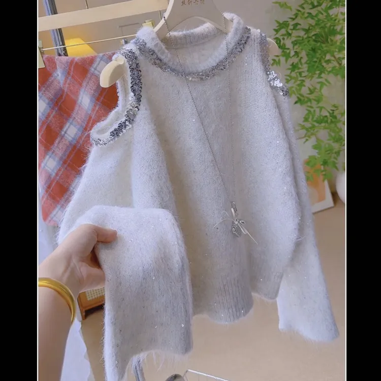 法式设计感时尚气质亮片圆领针织毛衣2025秋冬慵懒露肩上衣女