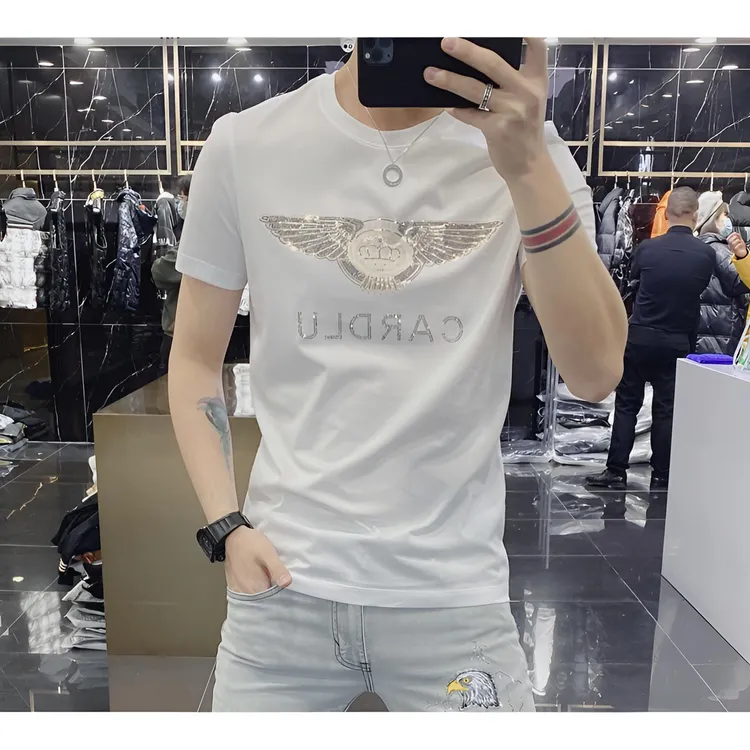 欧洲站潮牌夏季新款男装潮流欧货镭射烫钻T恤男短袖丝光棉 爆款