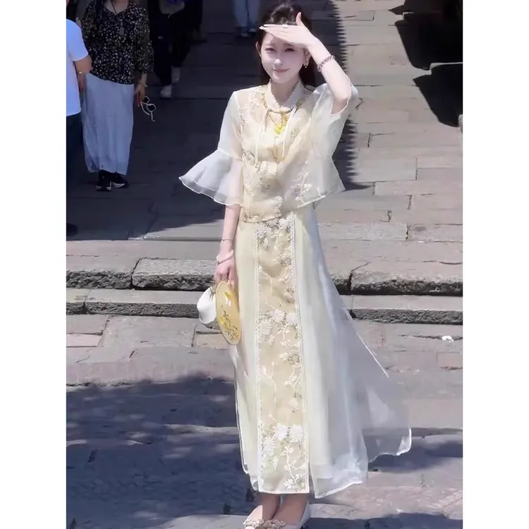 夏季贵气感穿搭上流社会轻奢高级感超火新中式国风黄色连衣裙套装