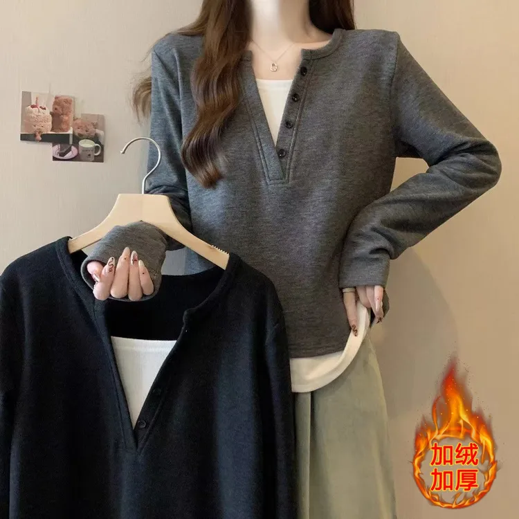 大码加绒加厚假长袖T恤女秋冬胖mm两件拼接V领显瘦上衣遮肚打底衫