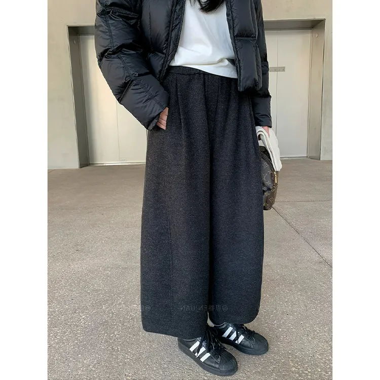 松弛感灰色软糯毛呢八分裤女秋冬季保暖高腰宽松显瘦加绒阔腿裤子