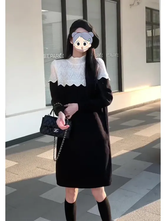 大码甜美漂亮拼接黑色连衣裙女2025秋季新款胖MM气质修身显瘦裙子