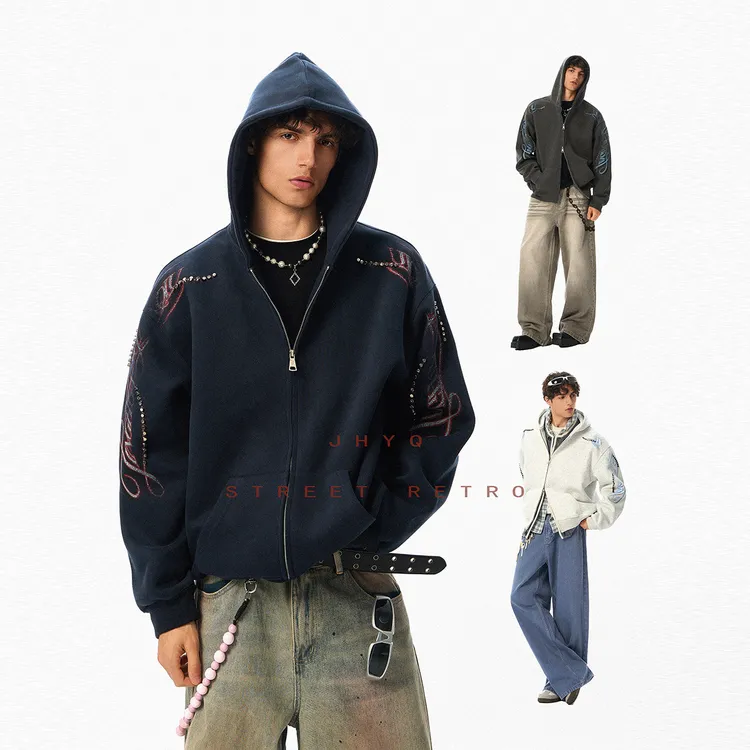 【JHYQ】秋冬做旧铆钉印花卫衣百搭个性时尚潮流宽松连帽开衫8008