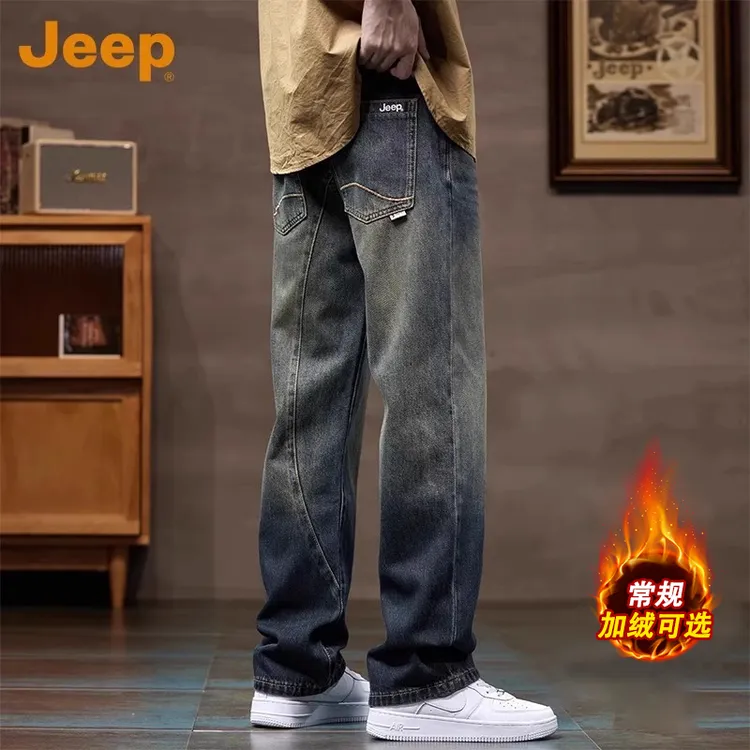 JEEP吉普美式复古加绒牛仔裤男士秋冬款宽松潮牌秋冬男士复古阔腿