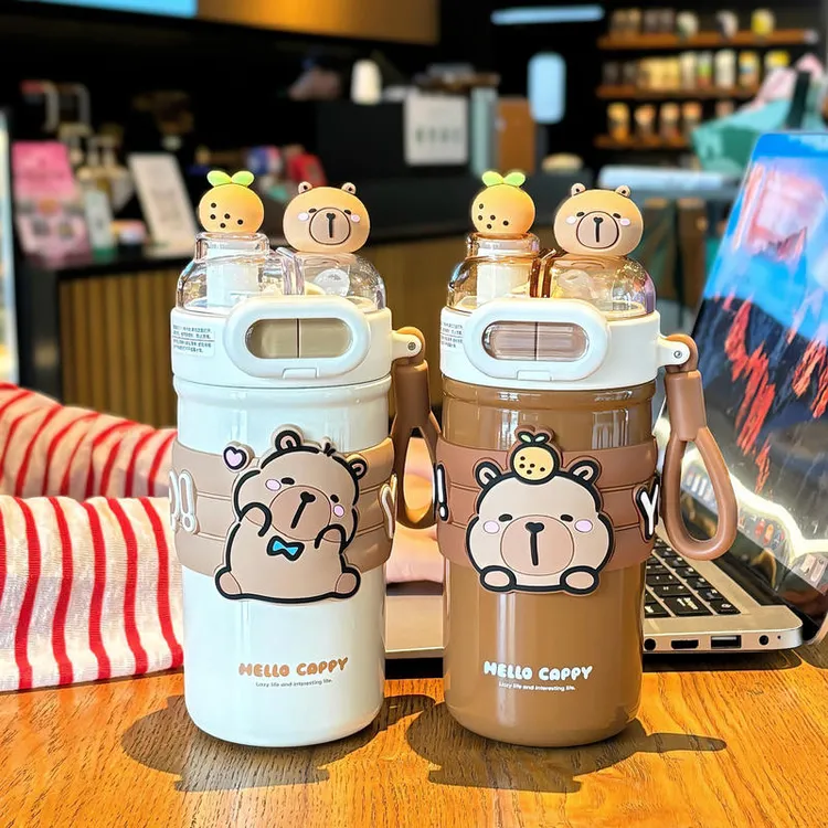 保温杯大容量保温杯大容量可爱卡皮巴拉眼镜一杯双饮保温杯坚固杯