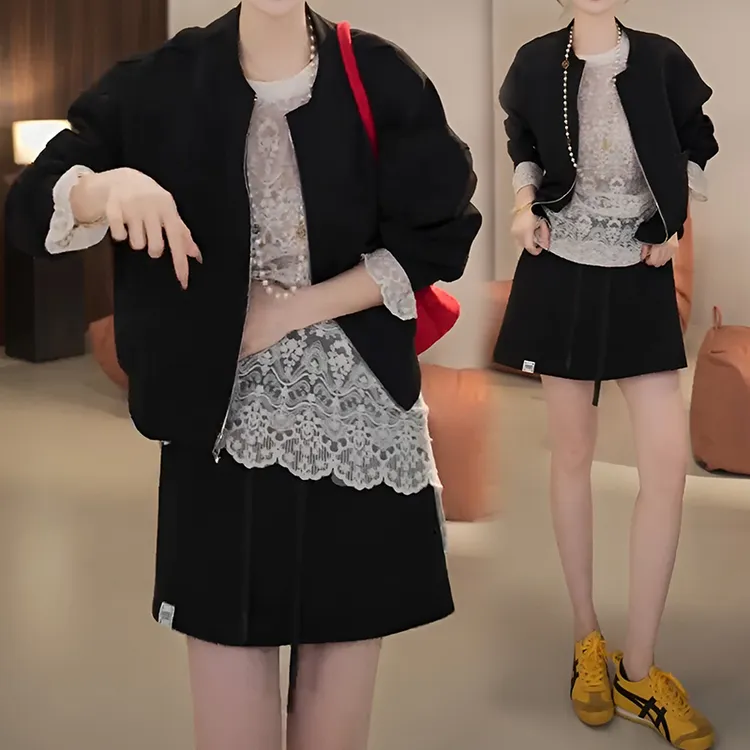 休闲百搭夹克棒球服套装ins风宽松潮流时尚三件套小众女外套短裙