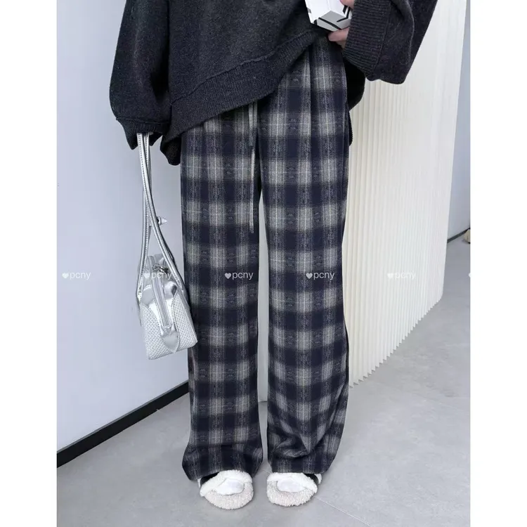 PCNY「章节间格」不理理冬季新款小众女装百搭高腰显瘦阔腿格纹裤女