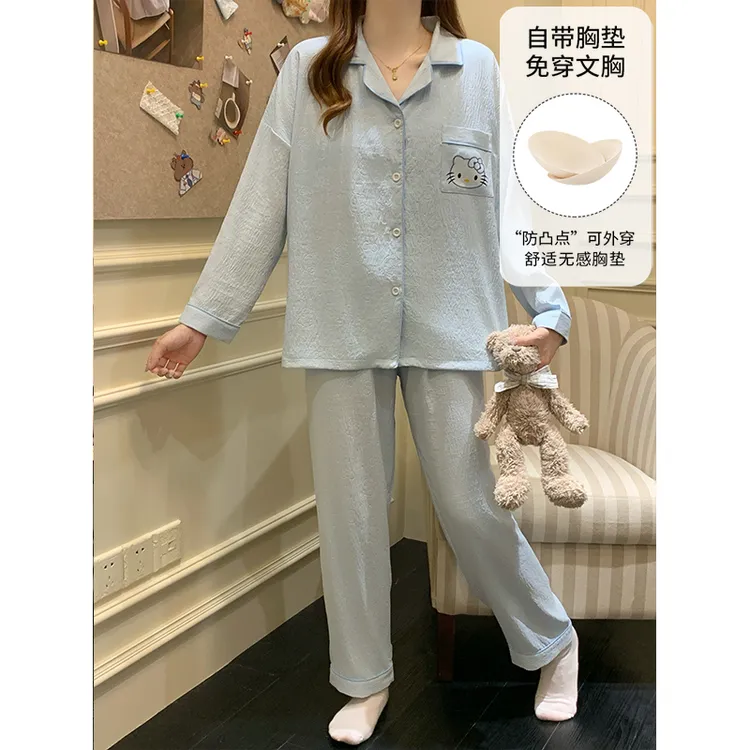 带胸垫睡衣女春秋网红爆款简约长袖长裤学生大码宽松高颜值家居服