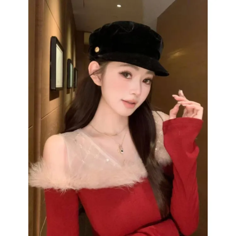 秋冬气质时尚修身显瘦毛绒拼接蕾丝上衣C 5065#