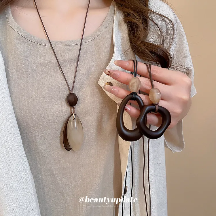 铜树脂吊坠 长款椭圆方形吊坠项链复古民族风秋冬毛衣链小众配饰