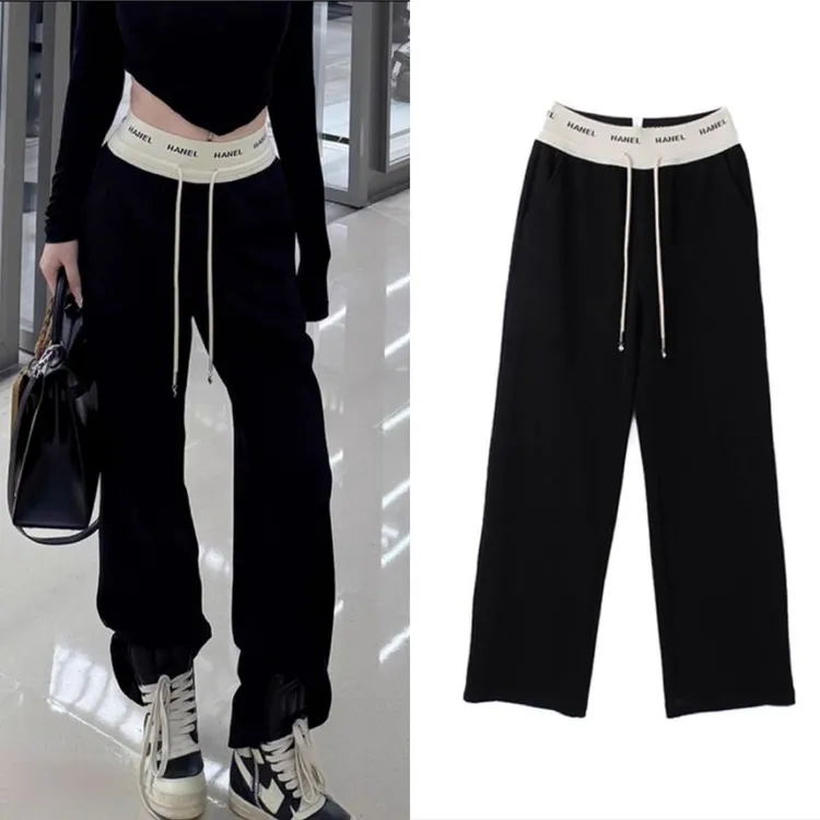 韩版字母撞色拼接松紧腰抽绳休闲裤女2025年新款百搭卫裤阔腿裤潮