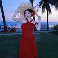 【现货+运贴5米】红色挂脖吊带2025新款爆款海边度假高级感长裙5228