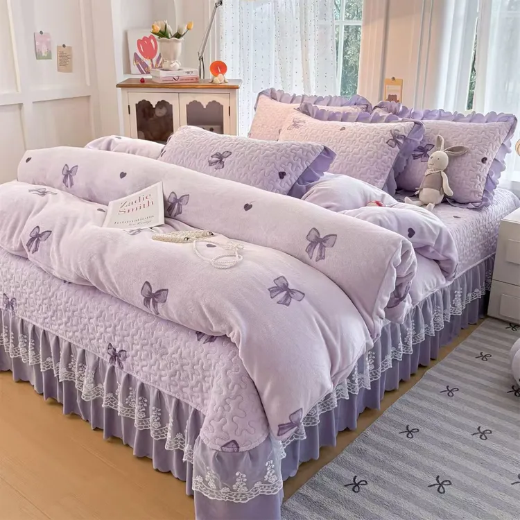 冬季牛奶绒加绒加厚床盖加绒被套防滑床裙床盖柔软防静电四件套