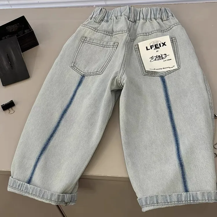 韩国男女童帅气牛仔裤2025秋装儿童休闲直筒裤中大童运动裤女童