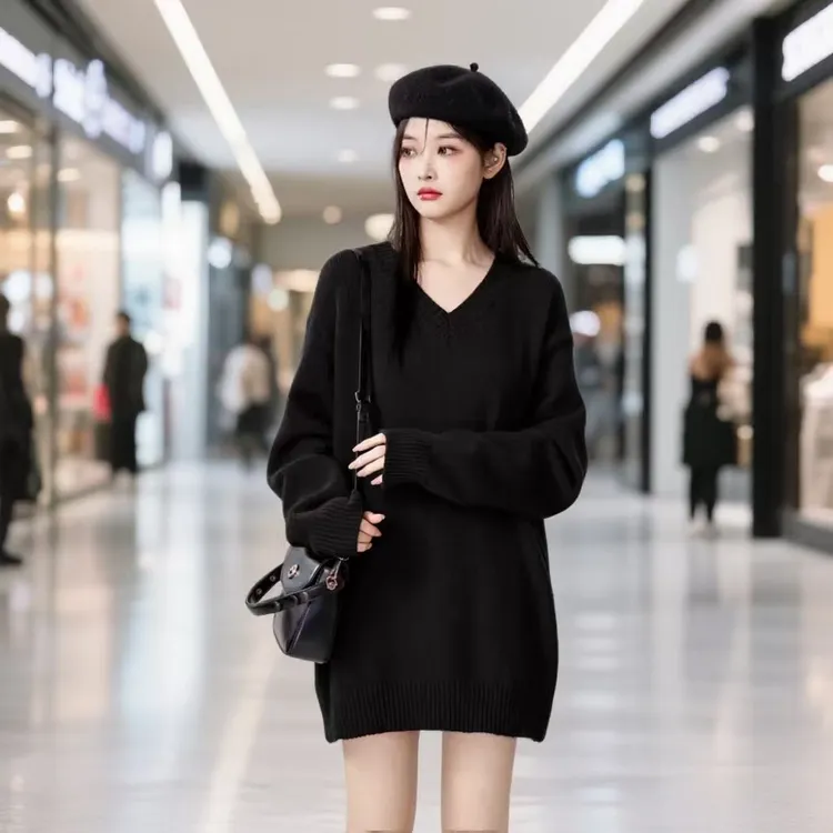 针织连衣裙女秋冬新款内搭V领宽松中长款打底毛衣裙配大衣长裙