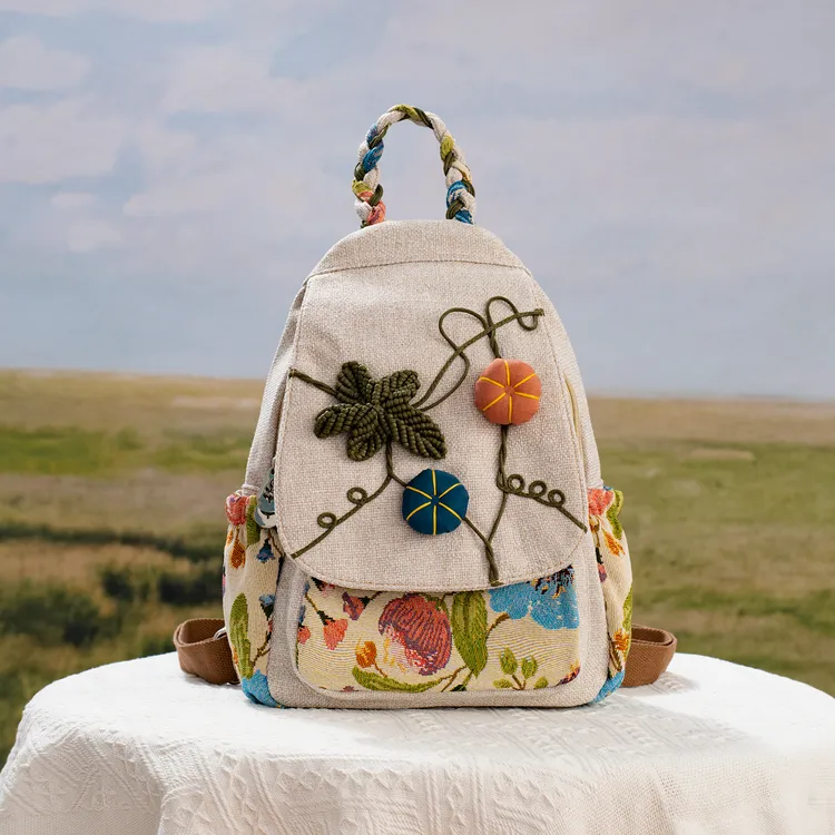 大号民族风双肩包大容量立体编织手工刺绣日常文艺背包棉麻布艺包