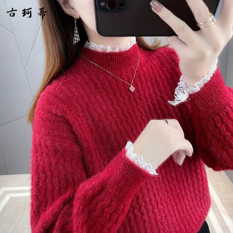 半高领水貂绒外穿慵懒毛衣女秋冬季新款加厚保暖蕾丝假打底针织衫