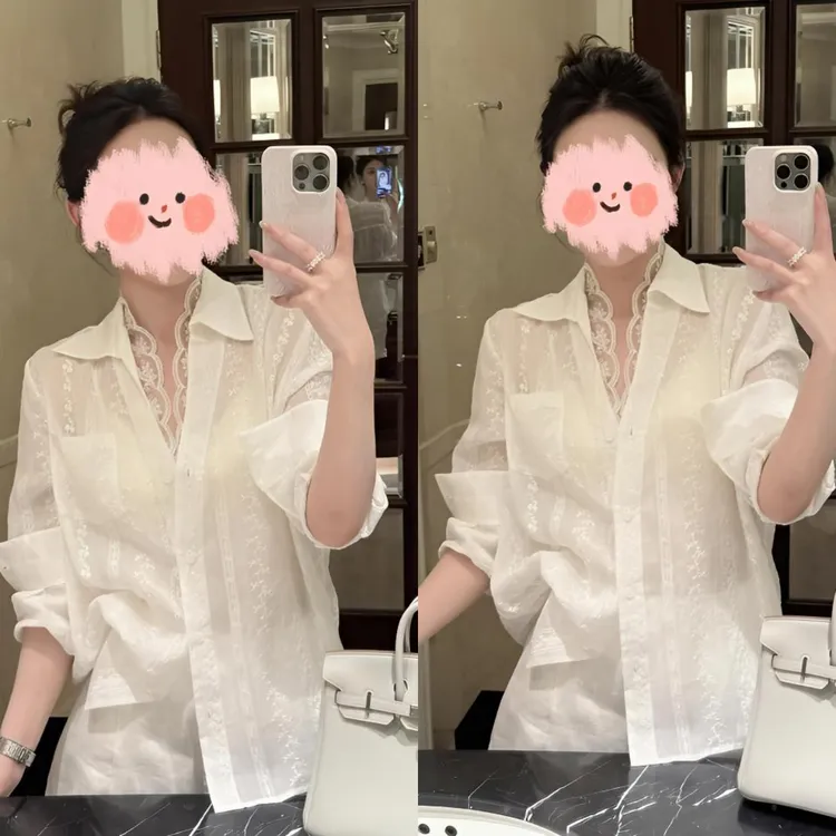 2025夏季新款蕾丝拼接防晒衬衣衬衫女法式设计感气质时尚长袖上衣