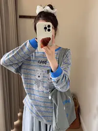 程程甄选 韩代复古小狗兔毛绒感舒适加厚条纹T恤打底衫1045