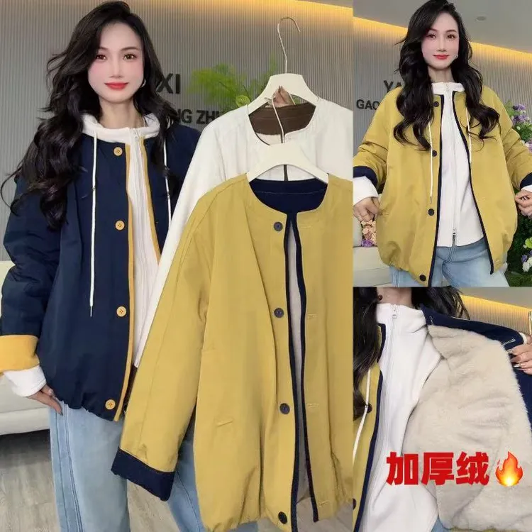 雅希定制~【可甜撞色】加绒减龄圆领棒球服外套宽松百搭显瘦夹克