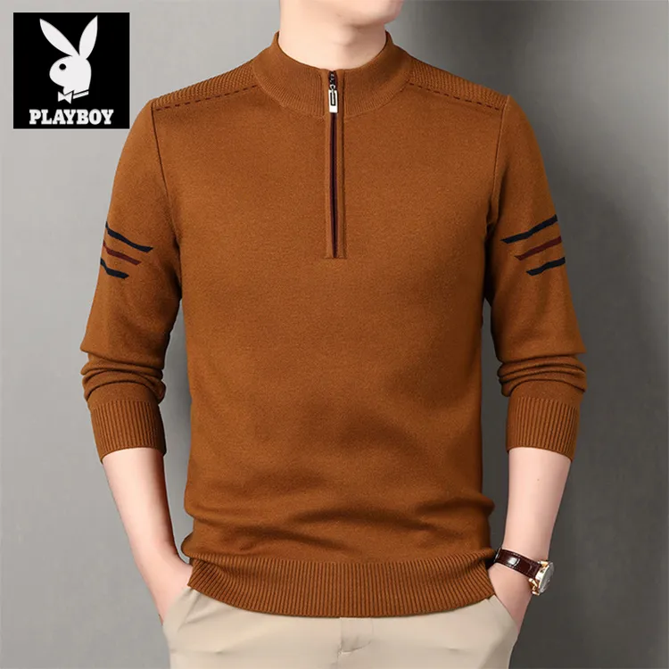 花花公子男士卫衣冬季拉链打底衫加厚高档潮流休闲半高领T恤