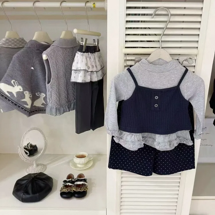 女童套装2025新款假两件吊带衫打底衫休闲裤宝宝洋气三件套秋季潮