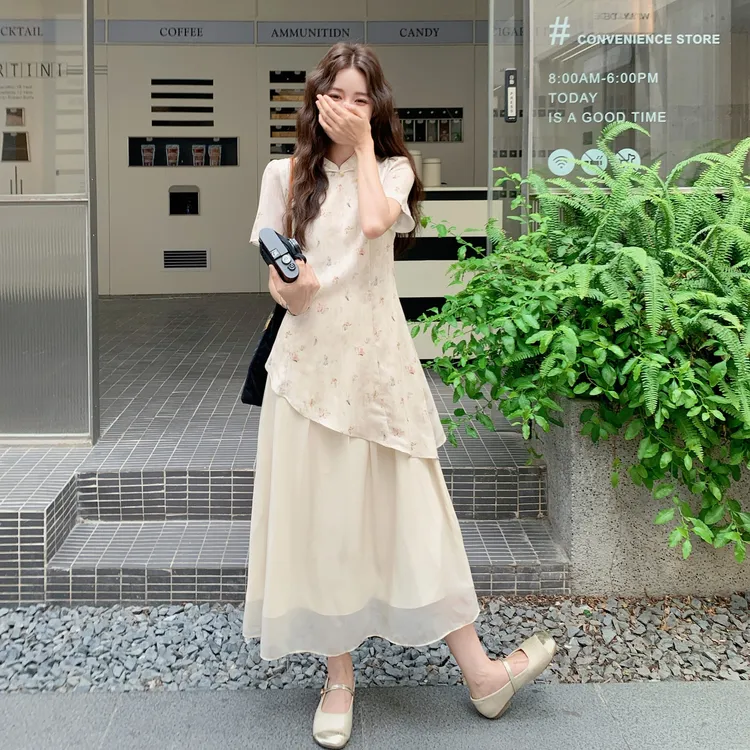 新中式国风改良旗袍裙女2025夏季新款高级感印花拼接假两件连衣裙