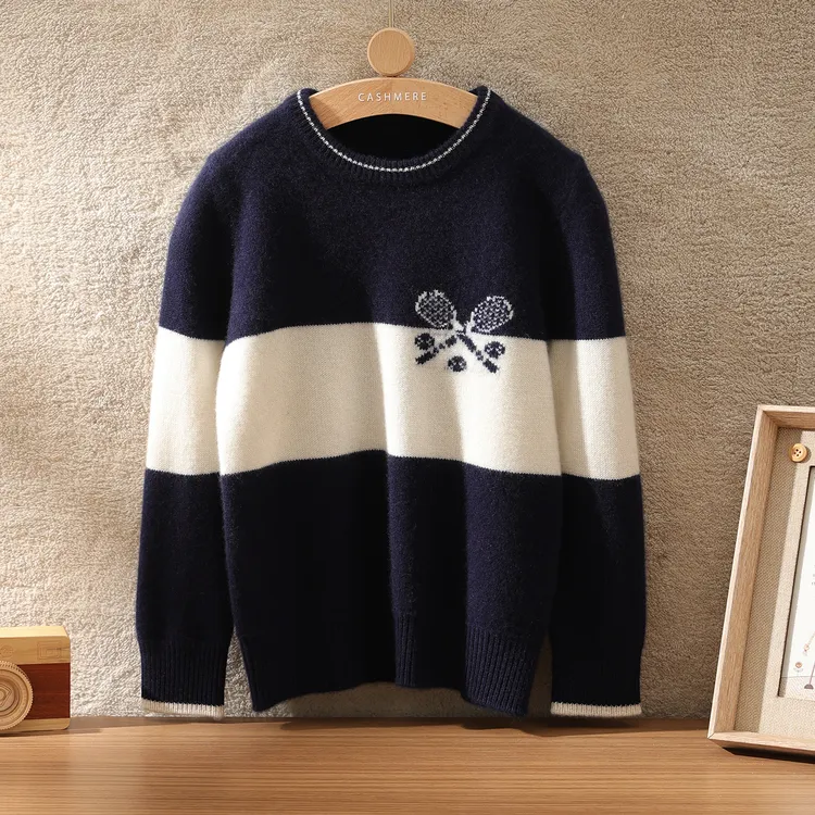 100%山羊绒儿童羊绒衫圆领网球拍图案学院风男女中大童宽松毛衣