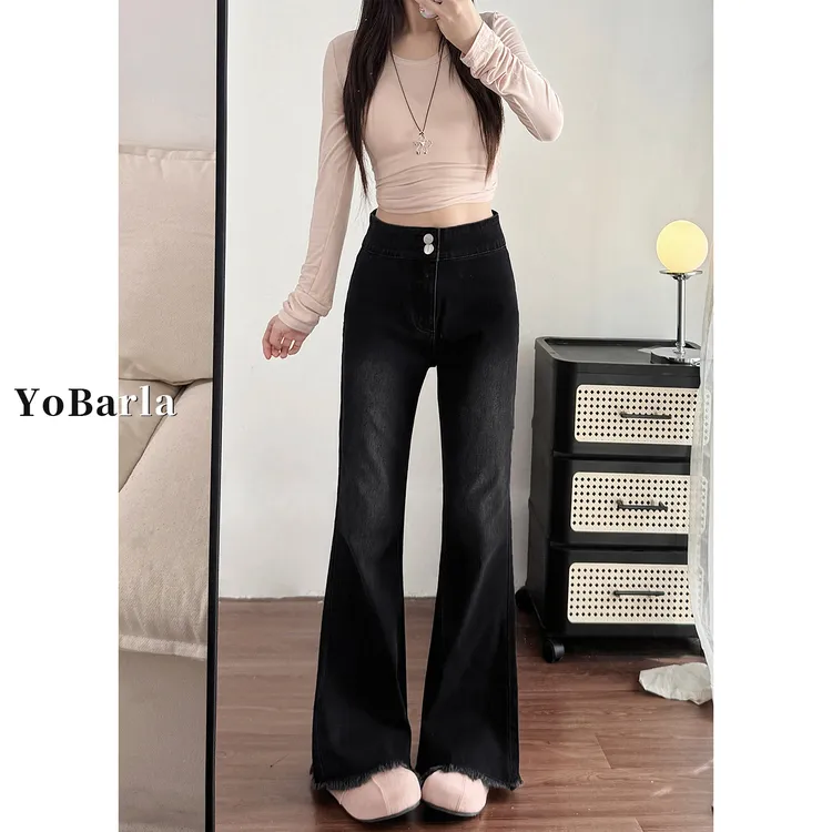 黑色微喇牛仔裤女秋季新款大码胖mm高腰弹力梨型身材显瘦喇叭裤子