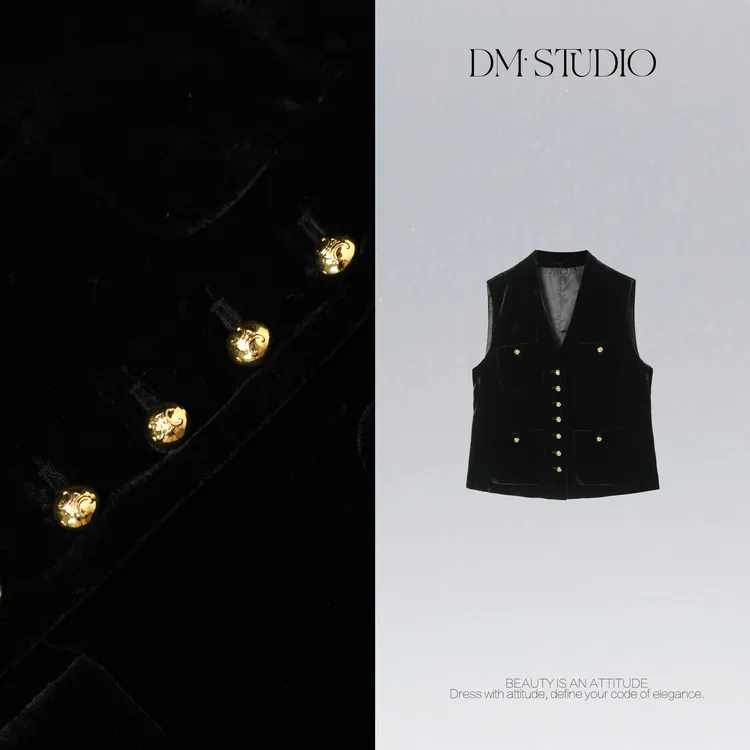 DEDM•STUDIO/精致气质小众静奢V领排扣无袖丝绒马甲2509MJ/72088