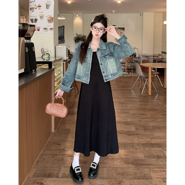 【PKGIRL心选】秋装复古设计感牛仔外套吊带裙两件套65499+63701